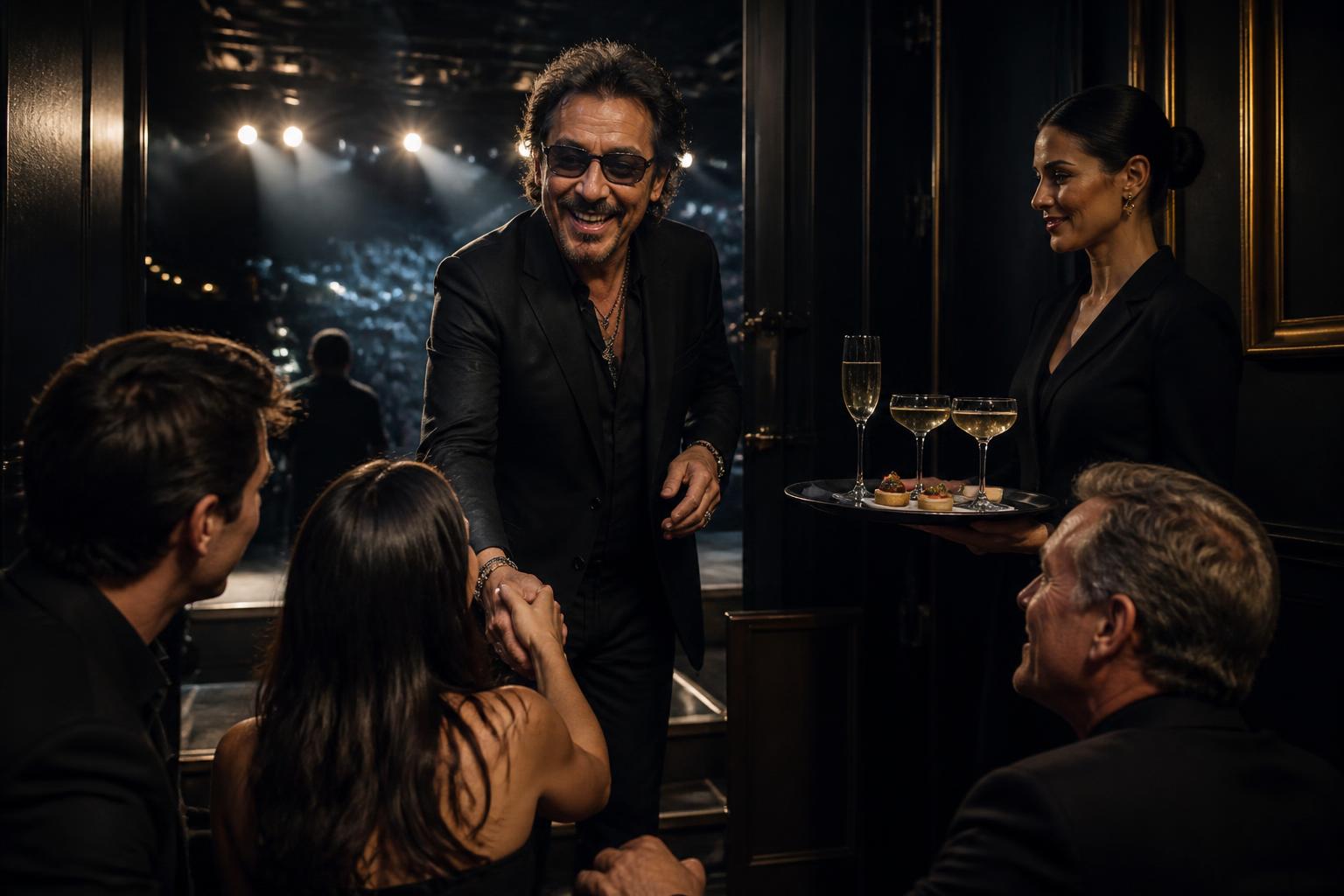 An artist greets guests in their private box after the performance