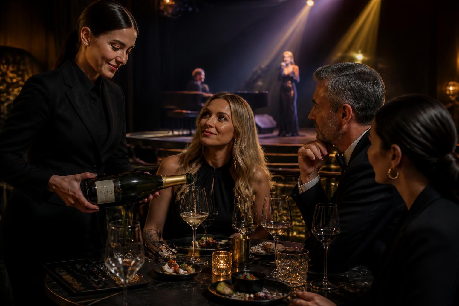 A sommelier pours champagne for guests dining beside a live performance