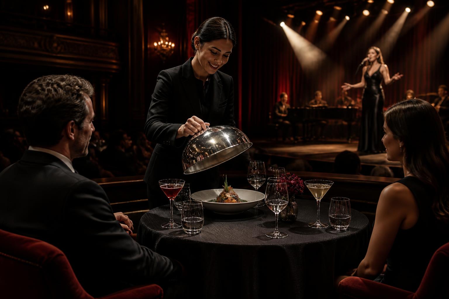 A private server reveals a fine dining course beside the live stage