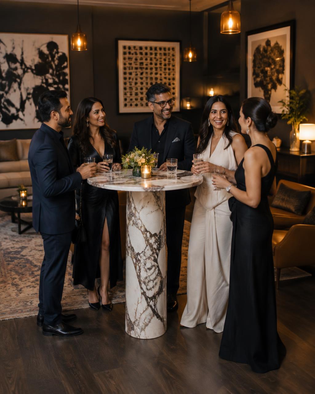 Five evening guests gather around a marble table in an art-filled lounge.