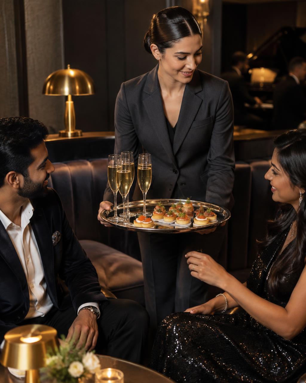 A server offers sparkling drinks and canapés to two guests in a private lounge.